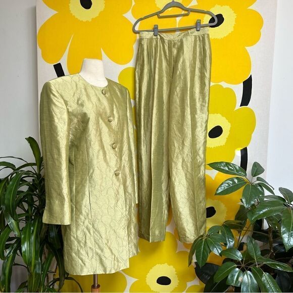 Vintage Mod Handmade One of a Kind Key Lime Sateen 2 Piece Pants Overcoat Set - Picture 7 of 15